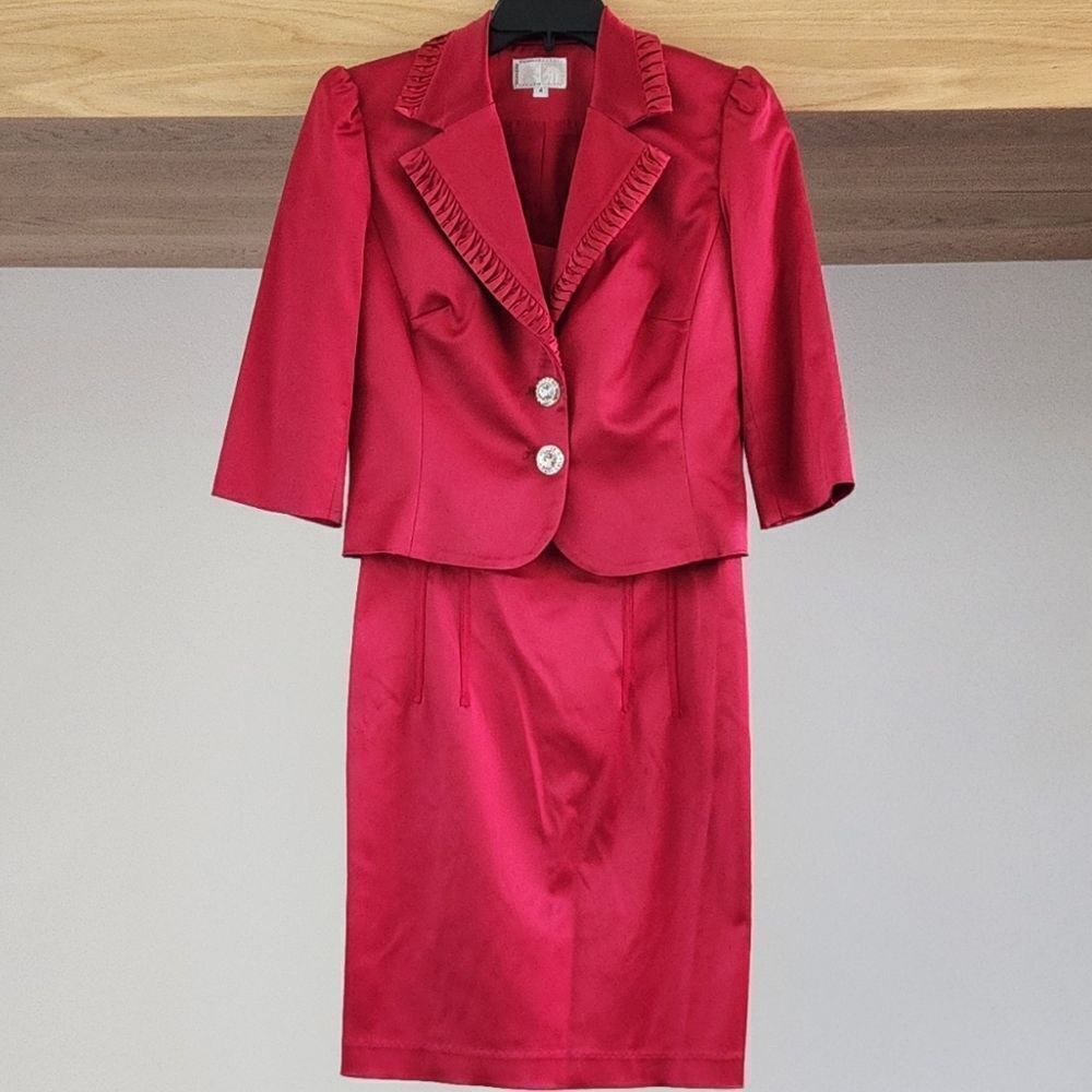 Crimson Elegance Pleated Lapel Skirt Suit